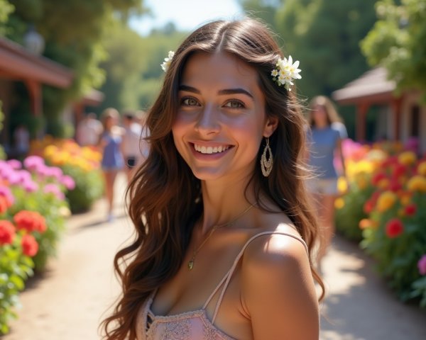 Young Woman in Flower Garden with Colorful Blooms