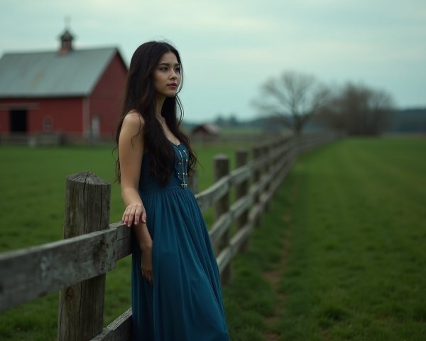 Young Woman in Blue Dress by Rustic Barn Landscape