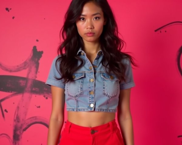 Young woman in denim shirt and red pants against pink backdrop