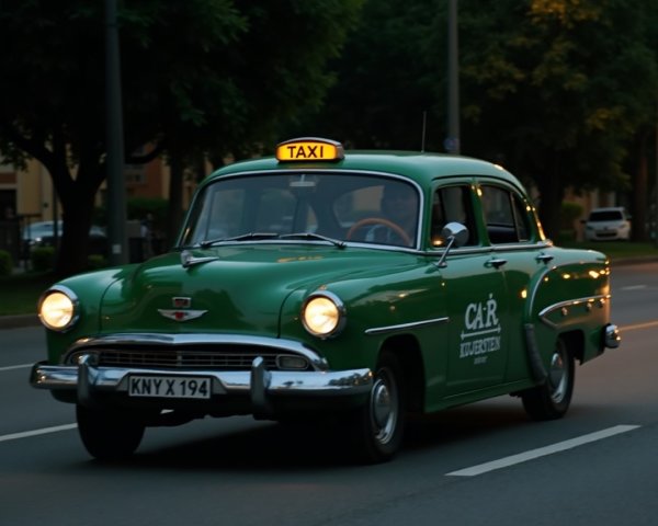 Vintage green taxi with illuminated rooftop sign at dusk
