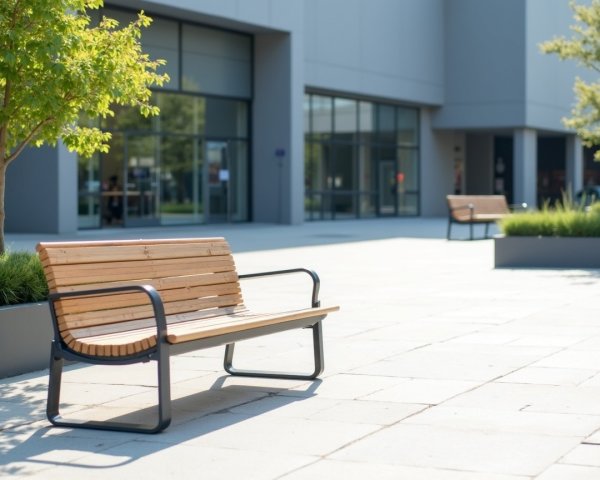 Urban Space with Benches and Lush Greenery