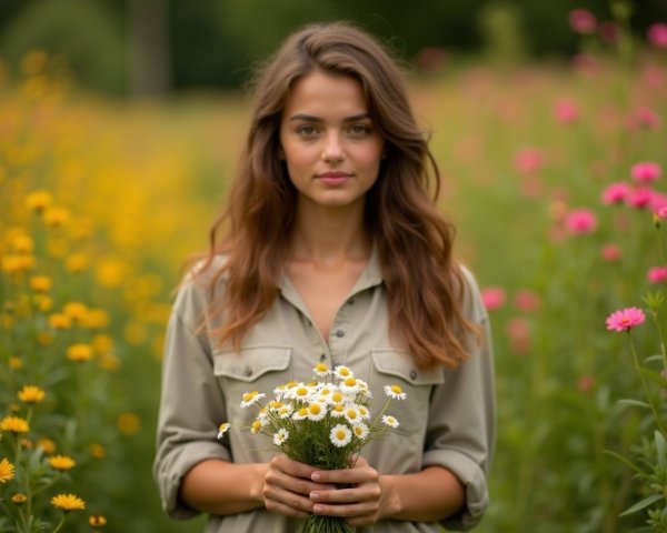 Young woman in flower field with daisies bouquet