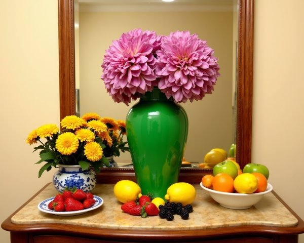Vibrant Floral Arrangement with Fruits and Mirror Reflection