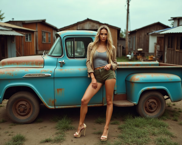 Woman in casual outfit beside vintage blue pickup truck
