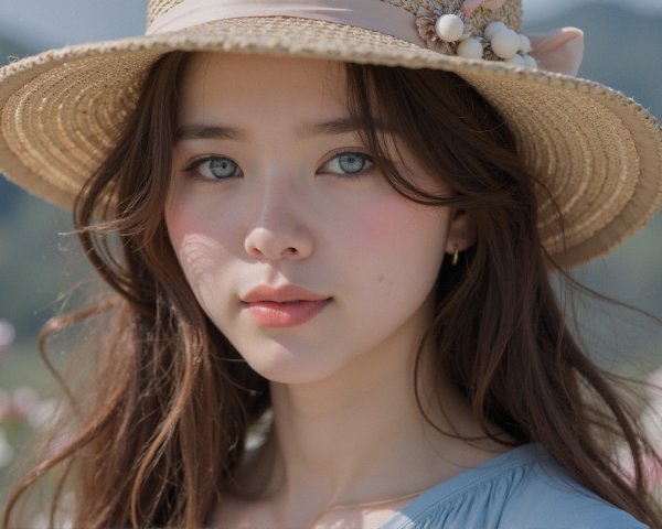 Young Woman in Straw Hat with Serene Expression