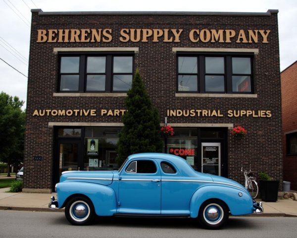 Vintage Blue Car in Front of Brick Building