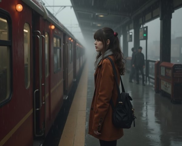 Young Woman at Misty Train Station with Red Train