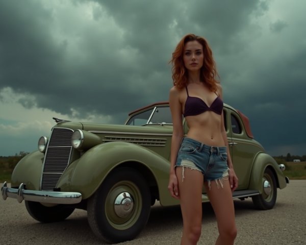 Woman in Purple Bikini by Vintage Green Car