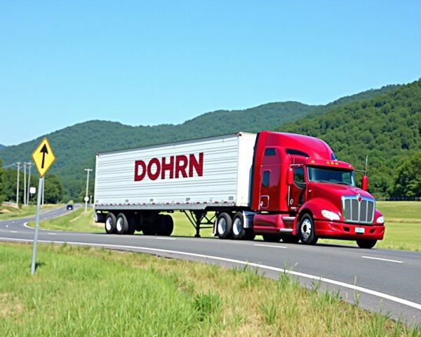 Red Semi-Truck on Curving Highway with Mountains