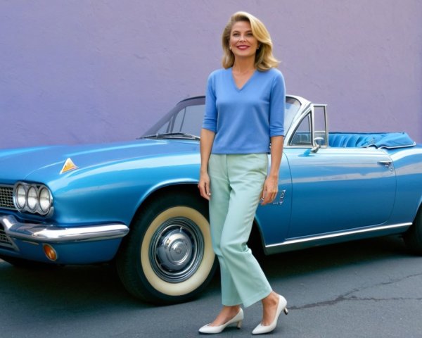 Stylish Woman by Classic Blue Convertible Car