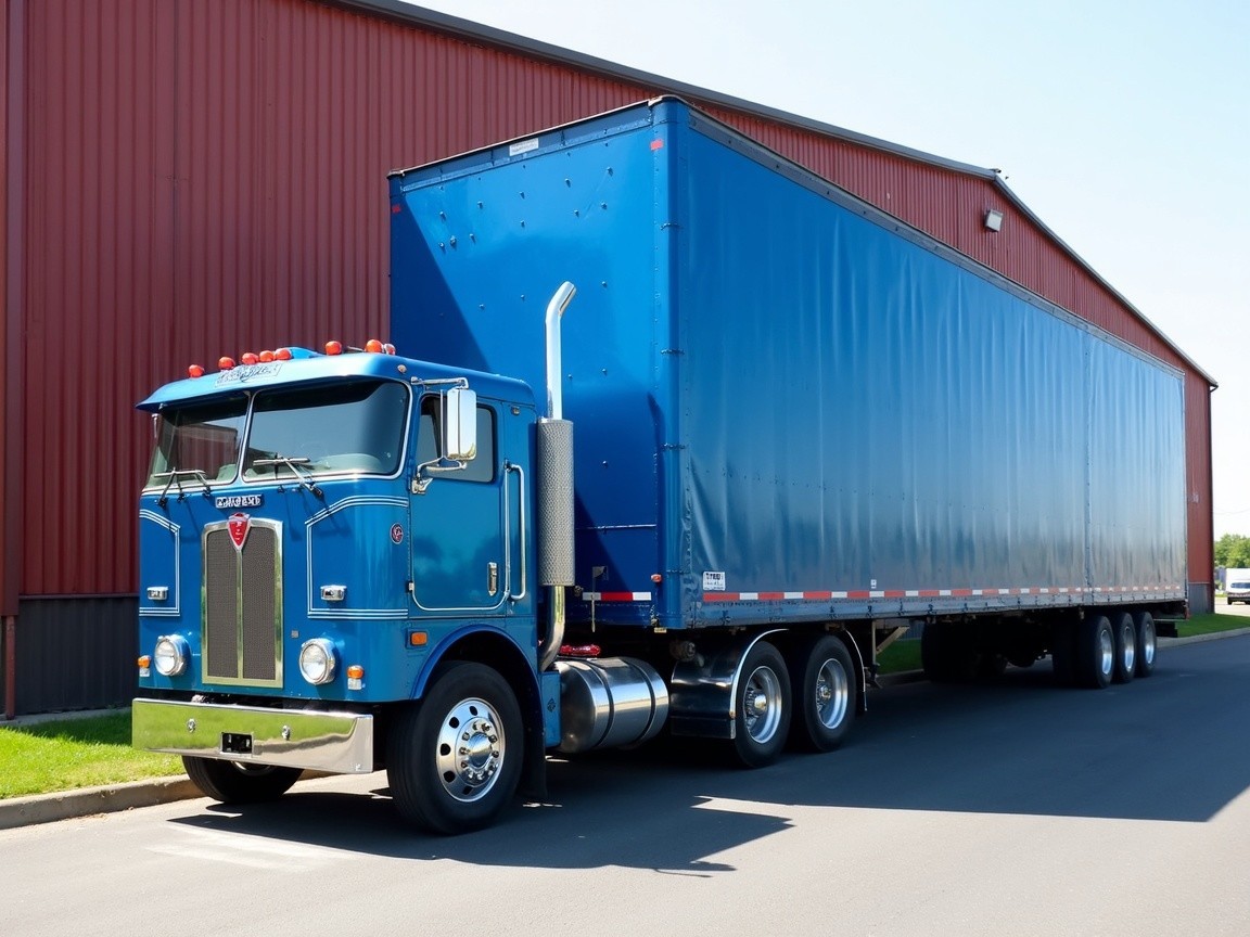 Classic Blue Semi-Truck Parked by Red Barn Scene