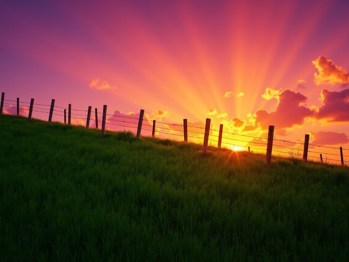 Serene Landscape with Lush Hillside and Vibrant Sunset