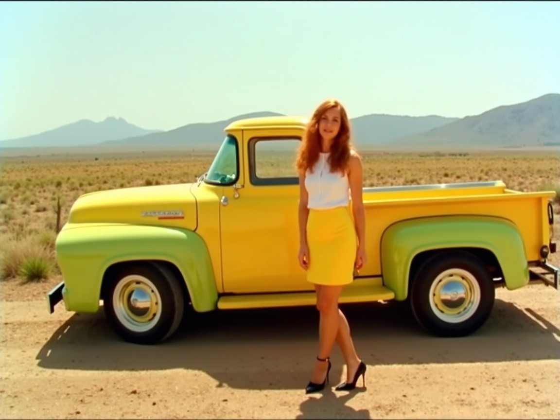 Vintage Yellow Truck on Sunlit Dirt Road with Woman