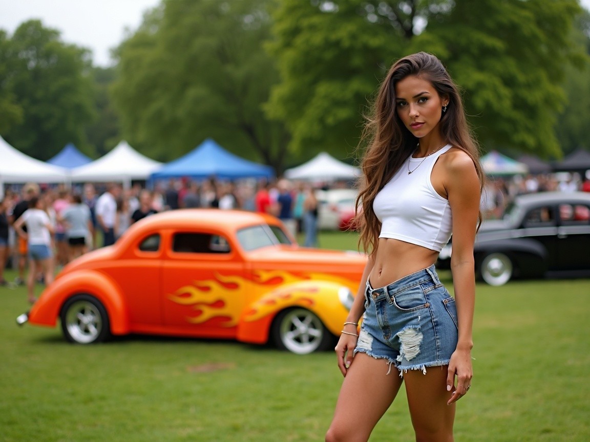 Young woman in casual outfit by classic orange car