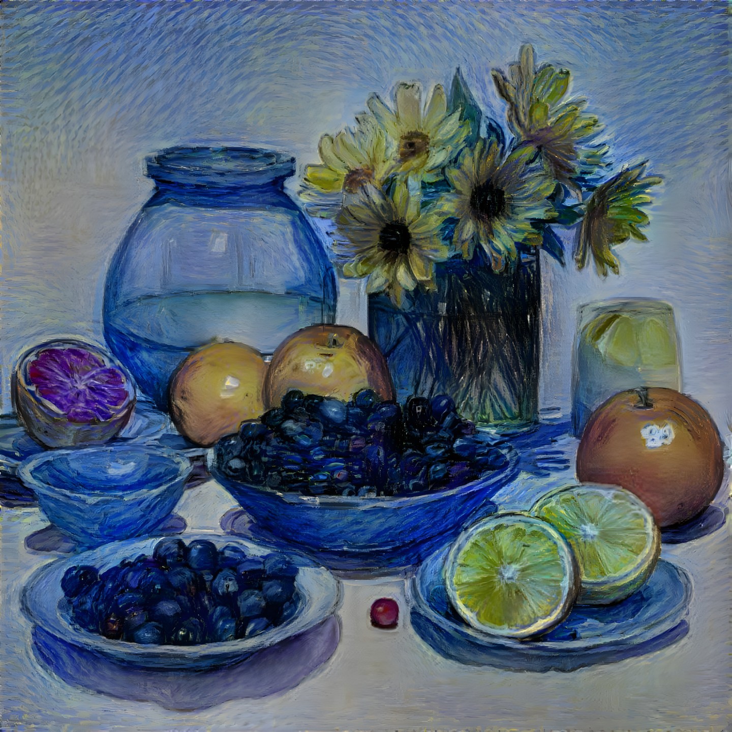 Vibrant Still Life of Fruits and Sunflowers in Bowls