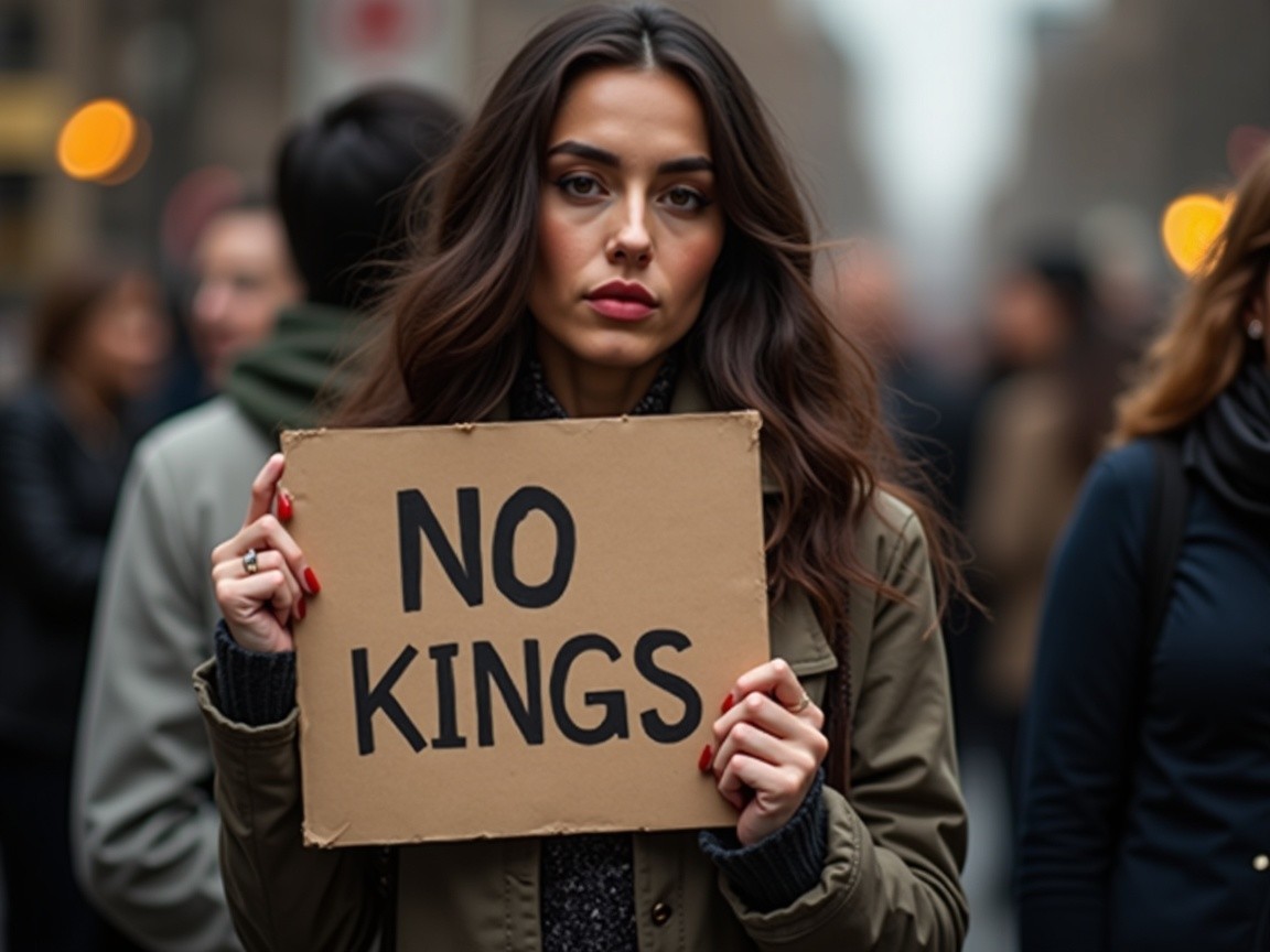 Young Woman with Protest Sign in Urban Crowd