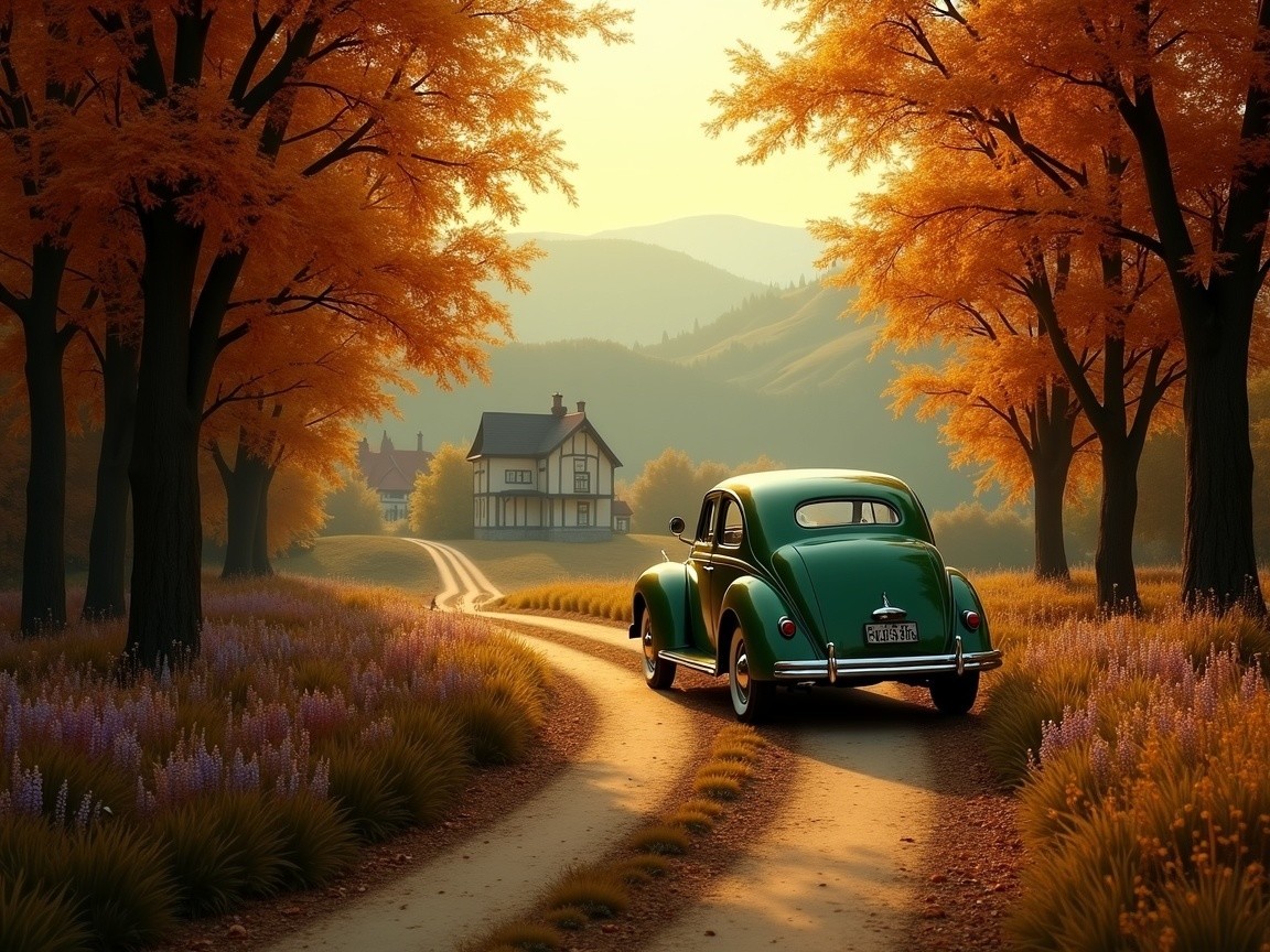 Vintage Green Car on Winding Road with Autumn Trees