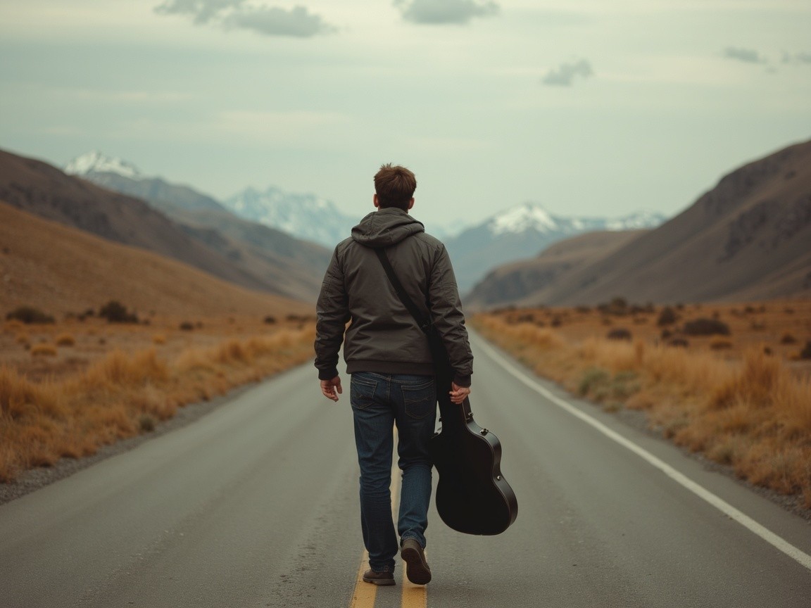 Lone Figure with Guitar on a Deserted Road