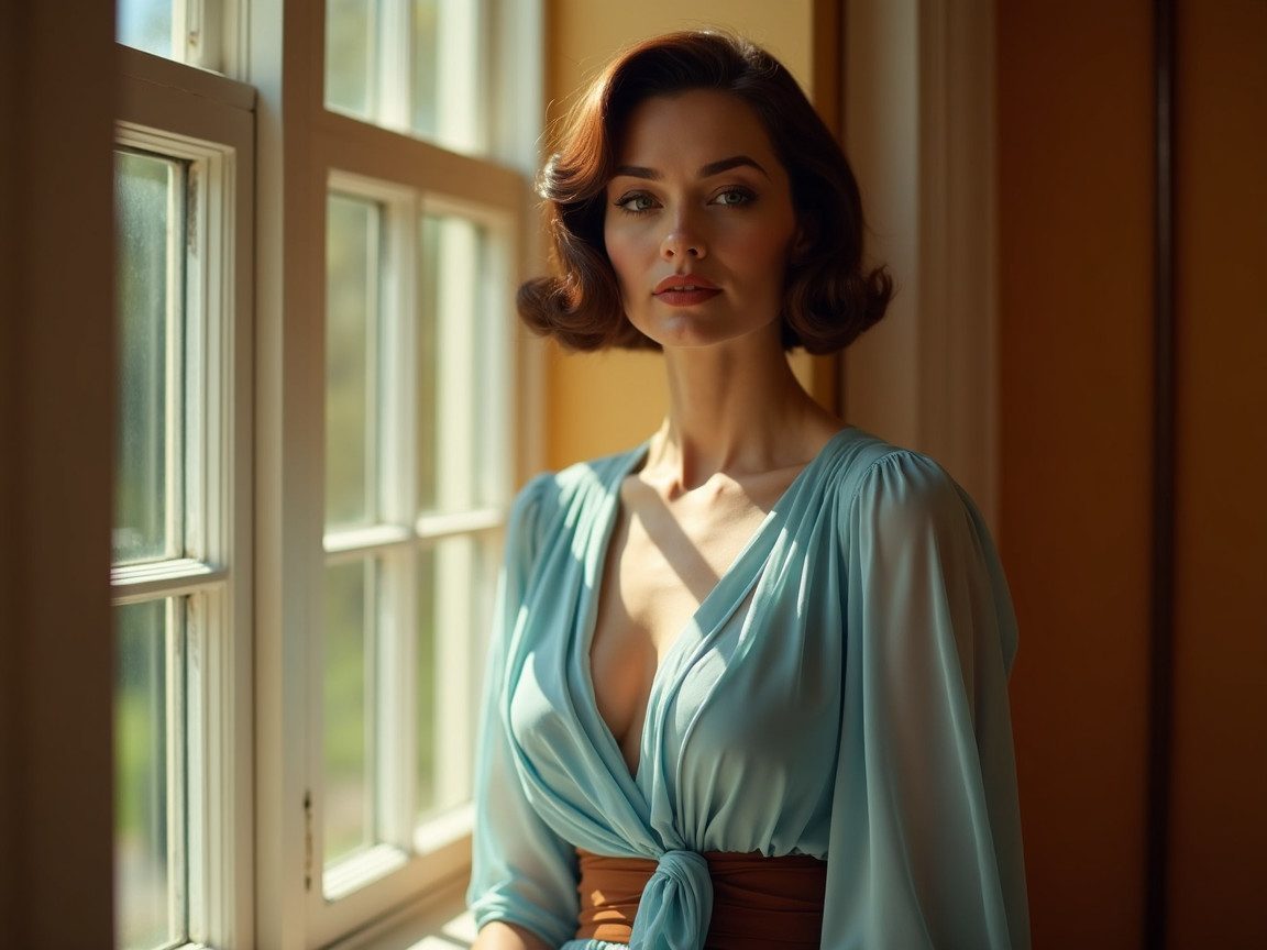 Elegant Woman by Sunlit Window in Vintage Blouse