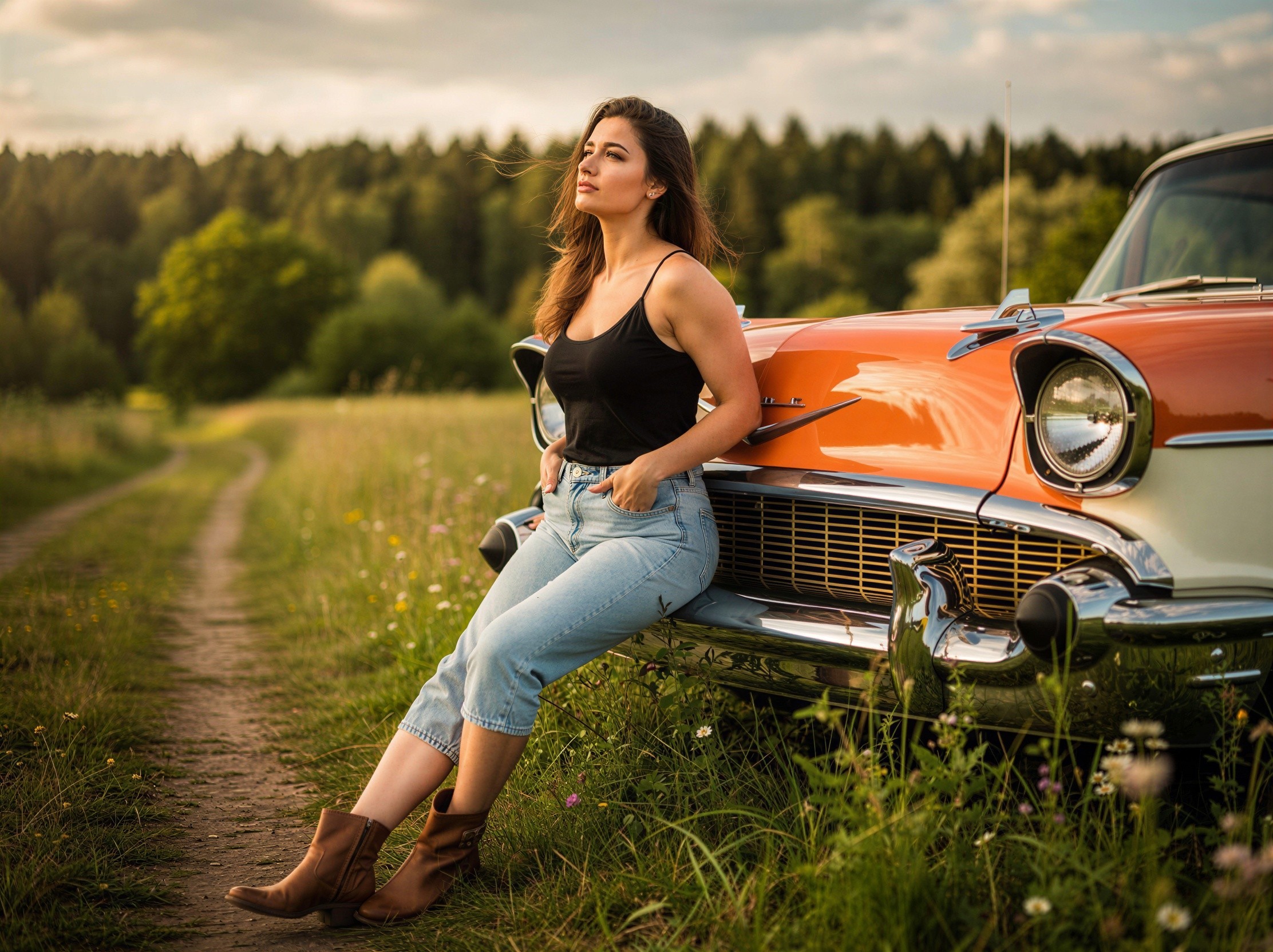 Woman in black tank top and capri jeans by classic car