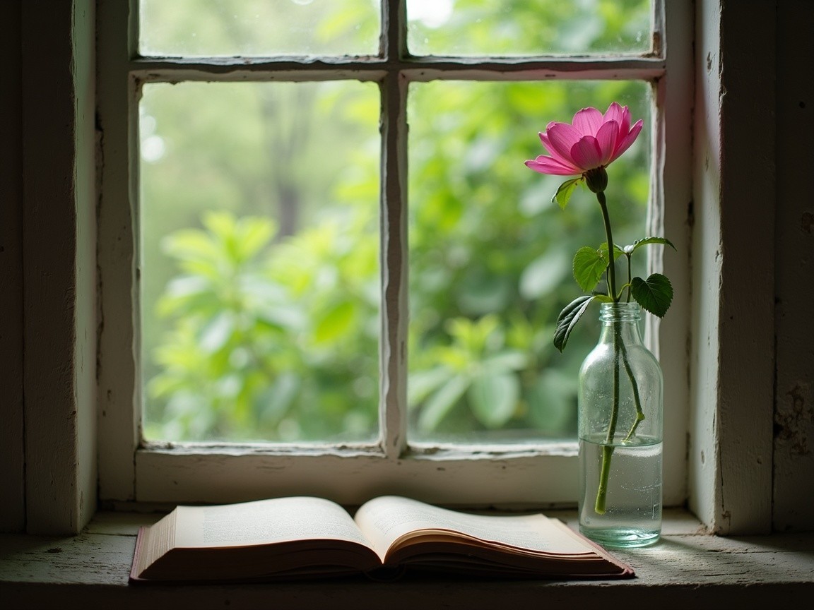 Serene Window Scene with Flower and Open Book