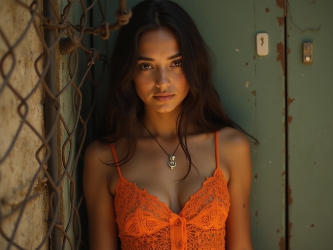 Young woman in orange top against green backdrop