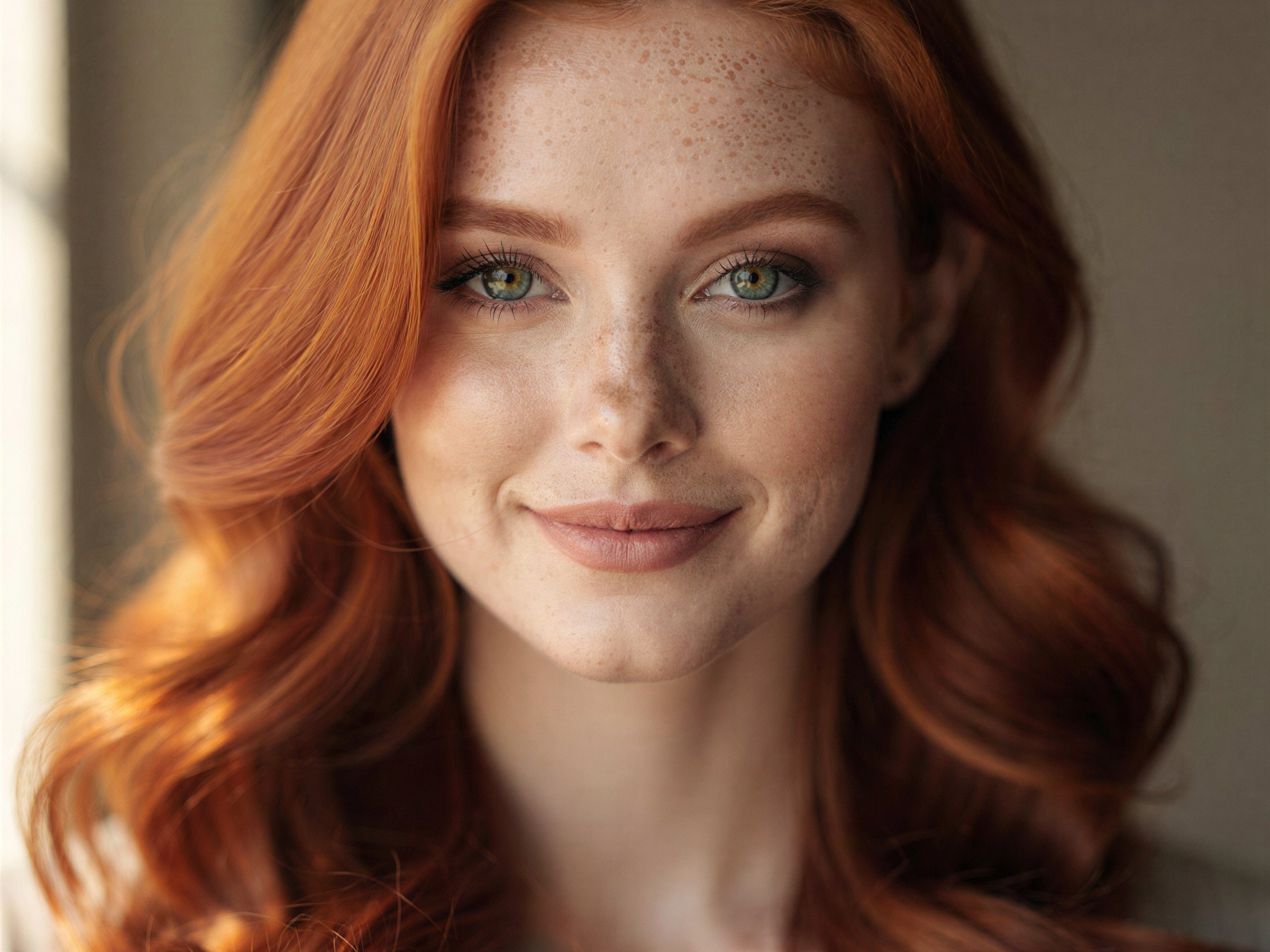 Close-up portrait of a woman with red hair and freckles