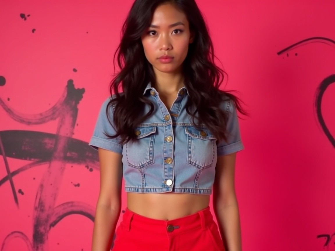 Young woman in denim shirt and red pants against pink backdrop