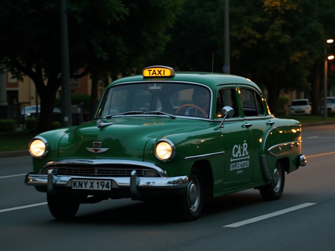Vintage green taxi with illuminated rooftop sign at dusk