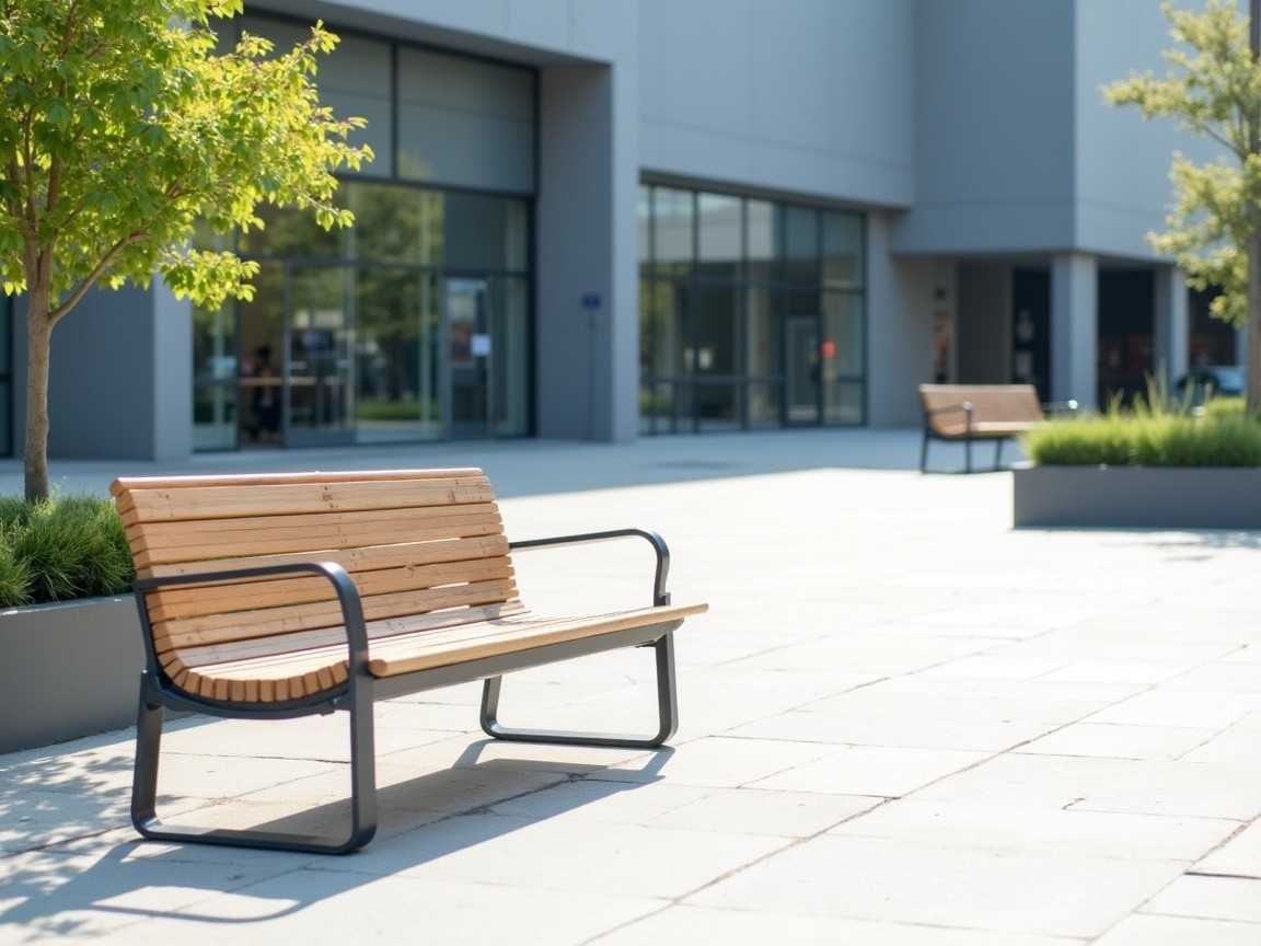 Urban Space with Benches and Lush Greenery