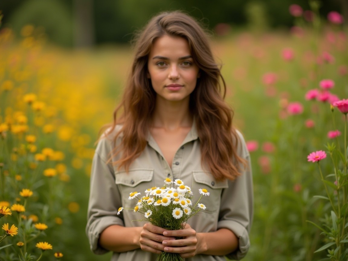 Young woman in flower field with daisies bouquet