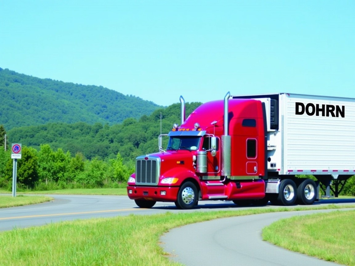 Red Semi-Truck with Chrome Finish on Rural Road