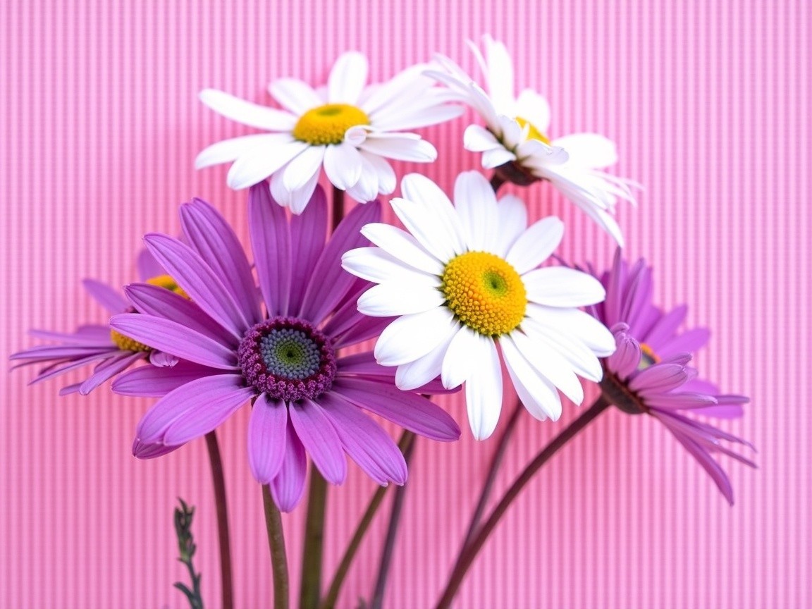 Vibrant bouquet of white and purple daisies on pink stripes