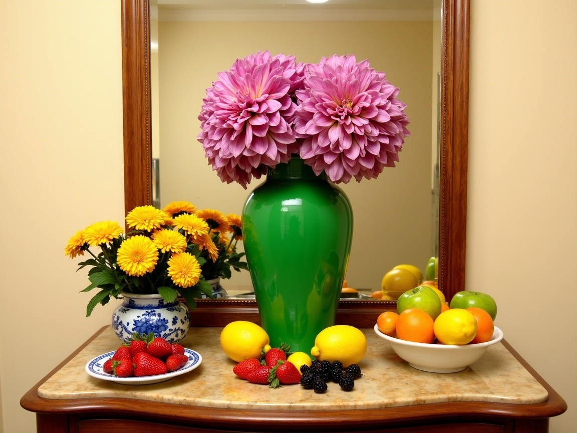 Vibrant Floral Arrangement with Fruits and Mirror Reflection