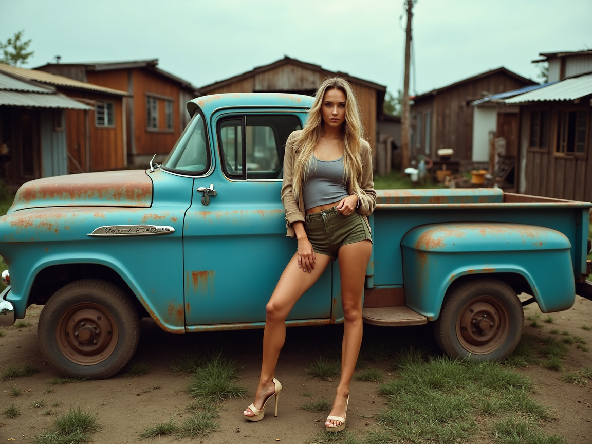 Woman in casual outfit beside vintage blue pickup truck
