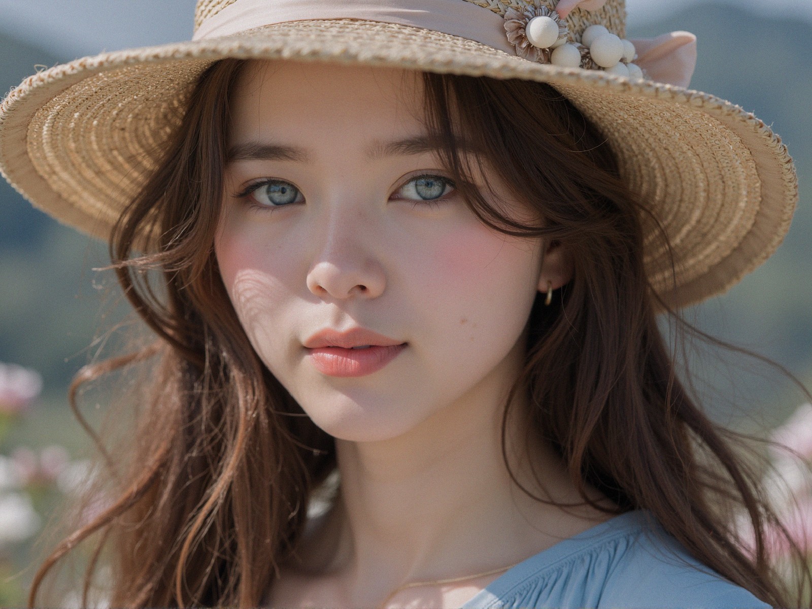 Young Woman in Straw Hat with Serene Expression