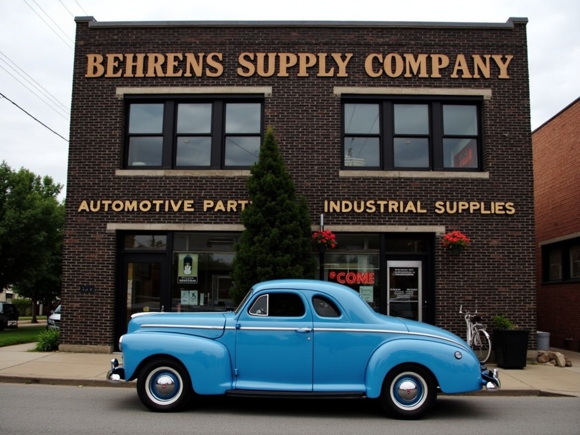 Vintage Blue Car in Front of Brick Building