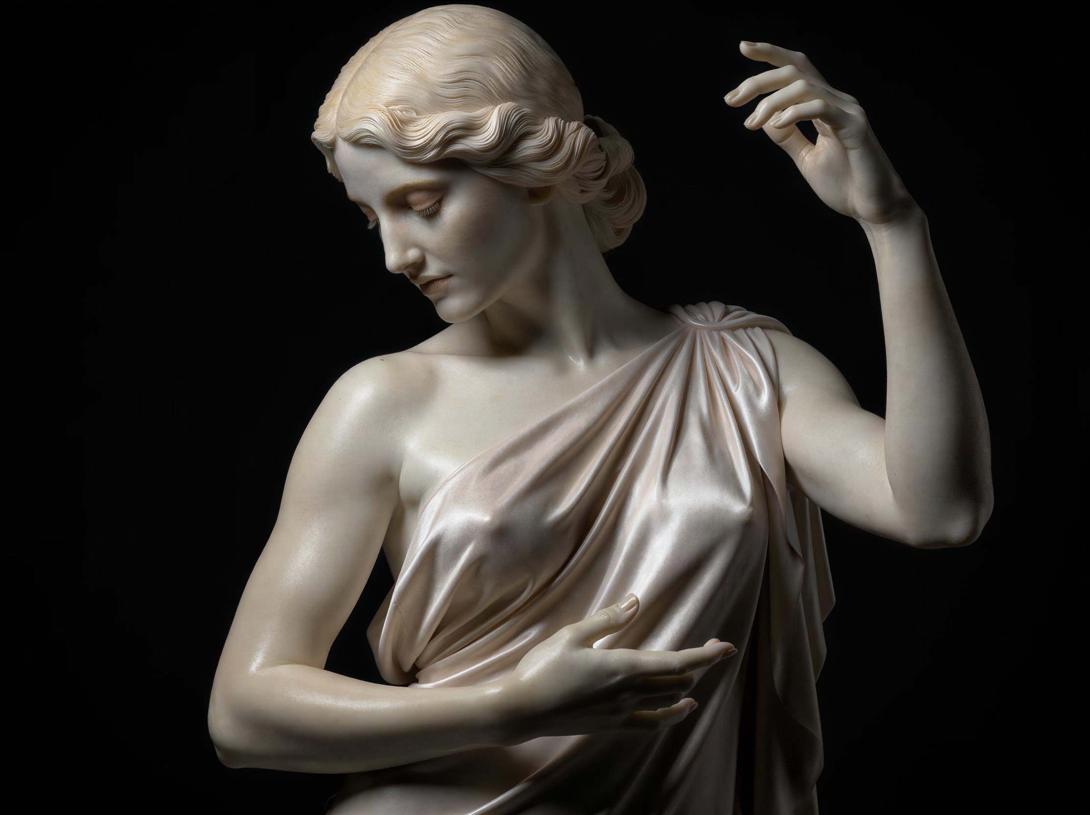 White Marble Statue of a Woman on Black Background
