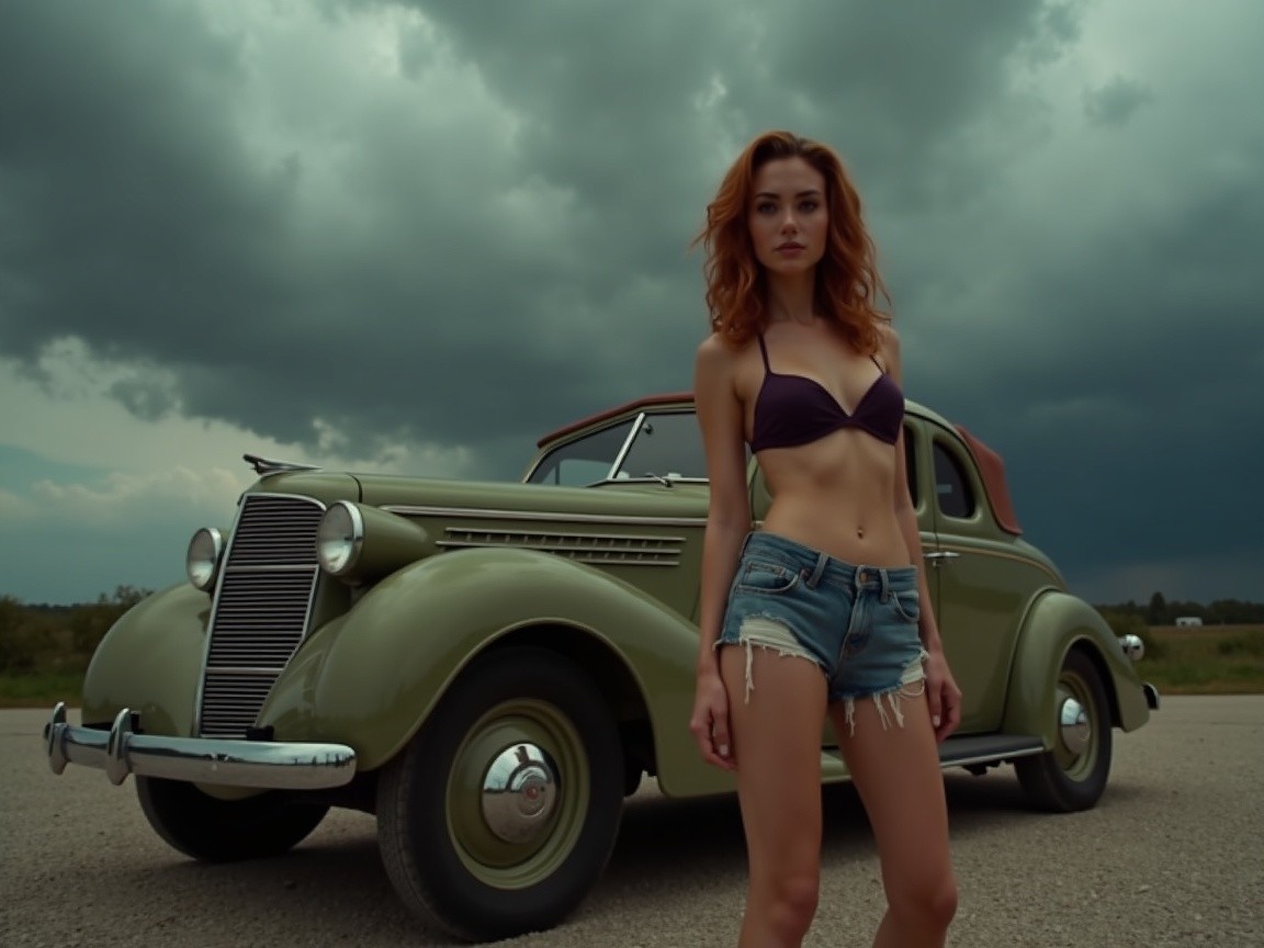 Woman in Purple Bikini by Vintage Green Car