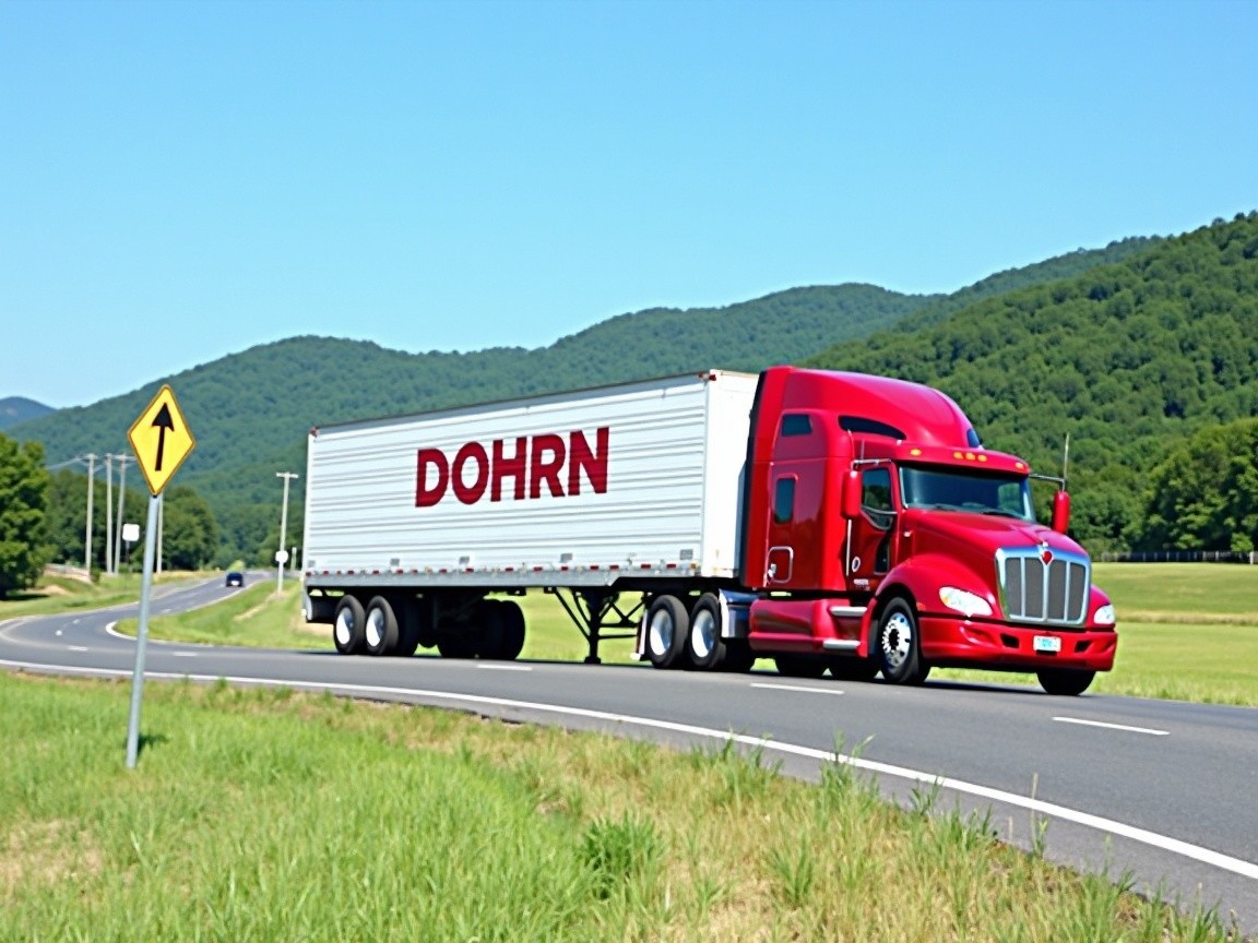 Red Semi-Truck on Curving Highway with Mountains