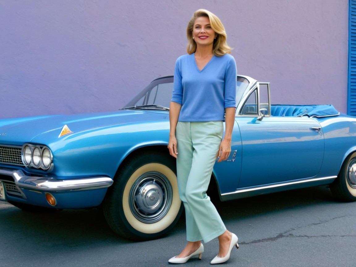 Stylish Woman by Classic Blue Convertible Car