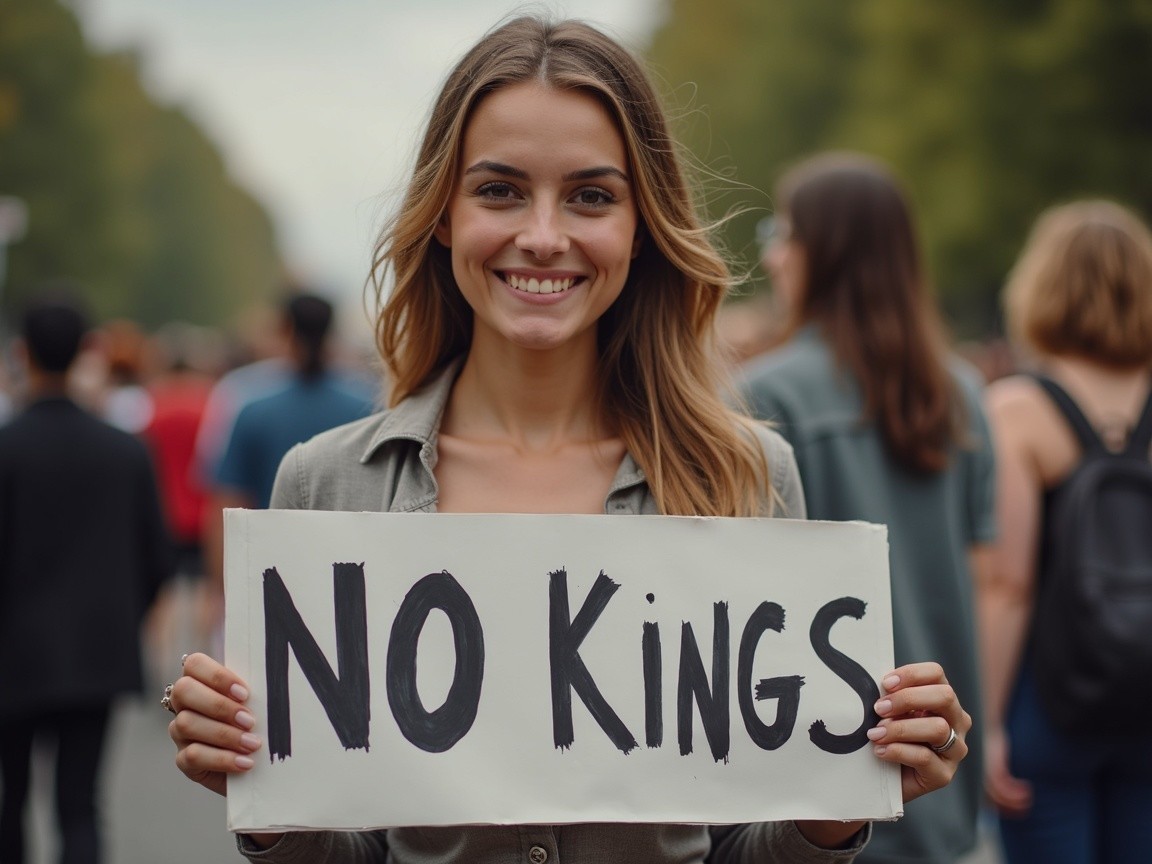 Young Woman with "NO KINGS" Sign in Protest Crowd