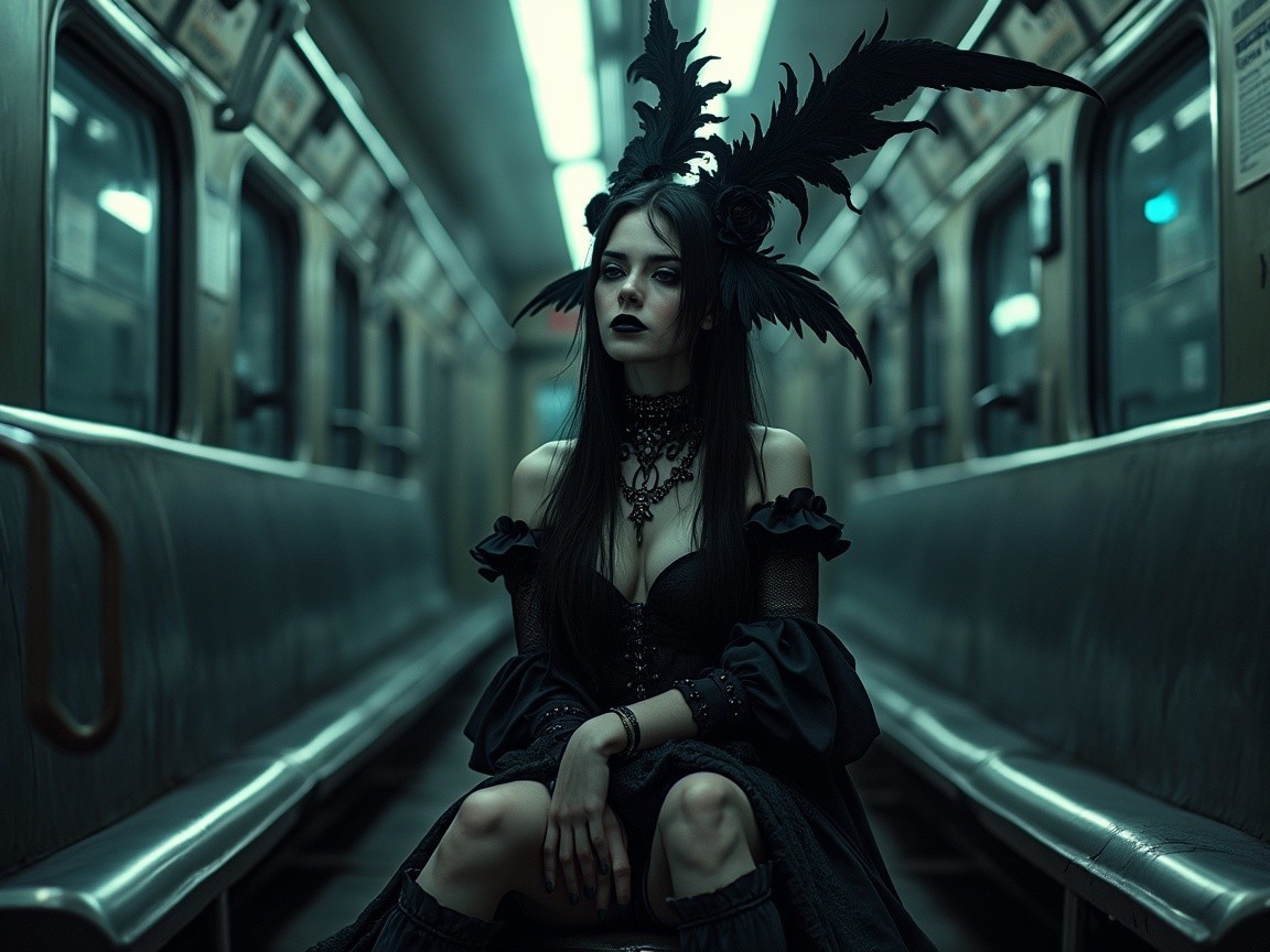 Elegant Figure in Black Gown on Dim Subway Car