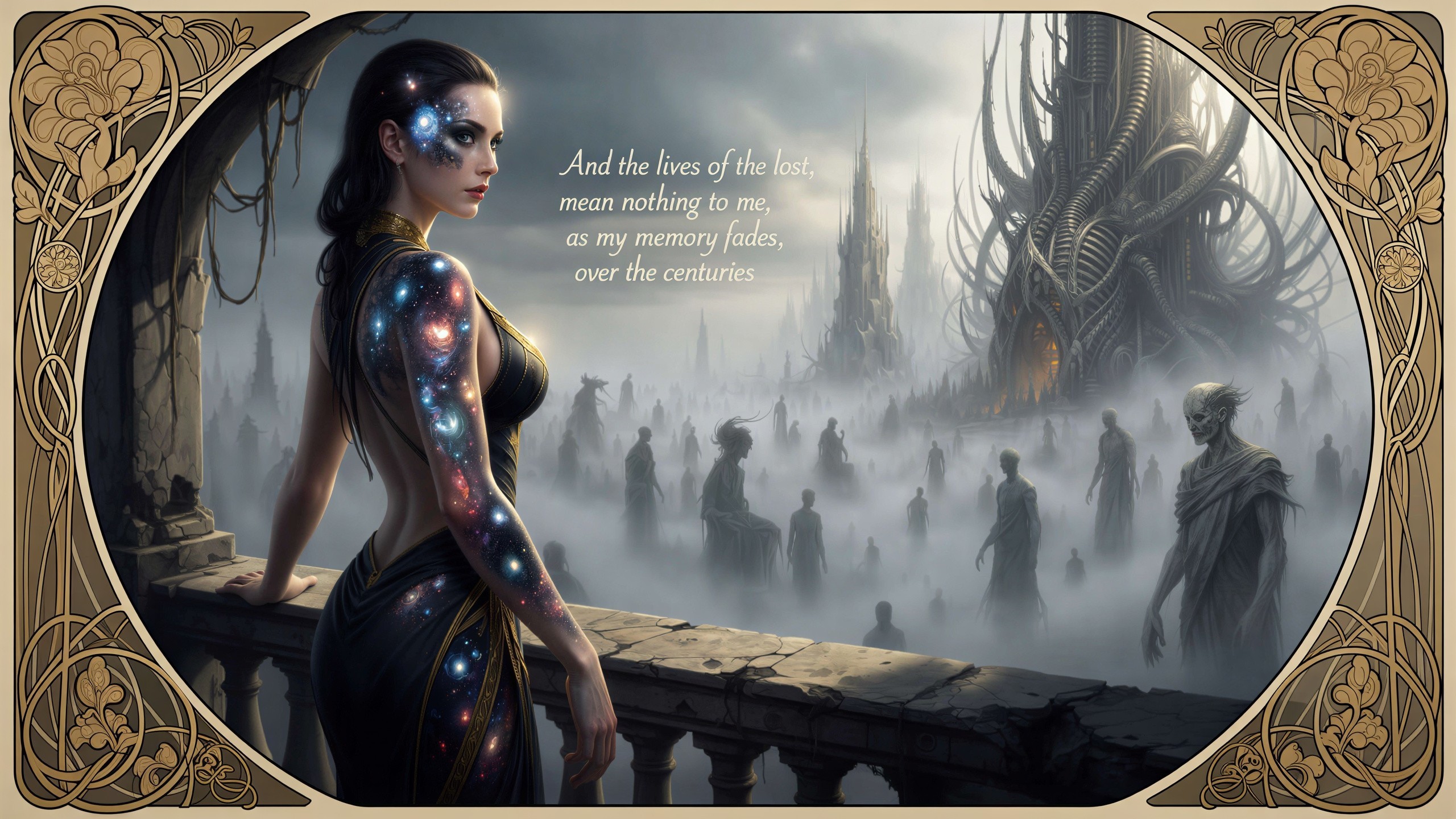 Woman in Black Dress Overlooking Dystopian Cityscape