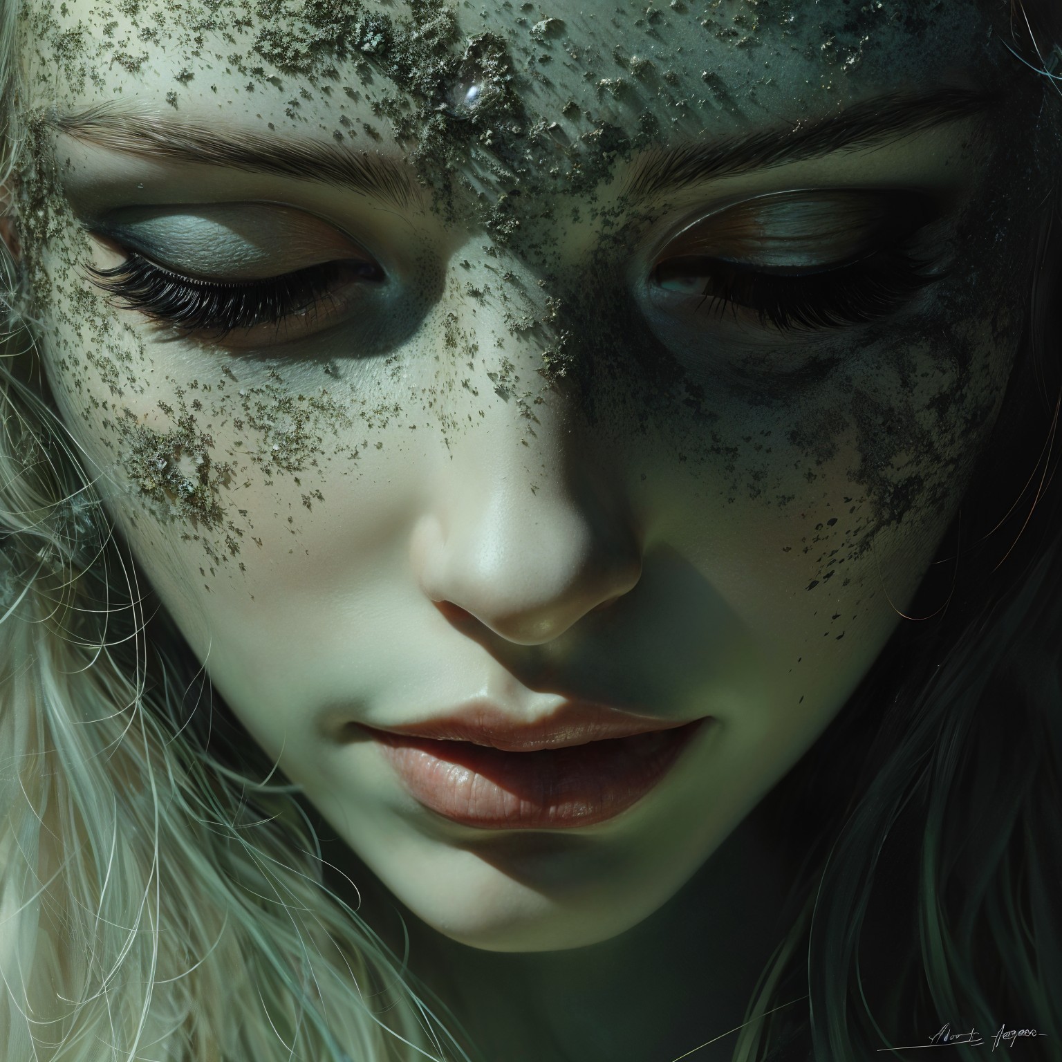 Close-up of a woman with natural textures on her face