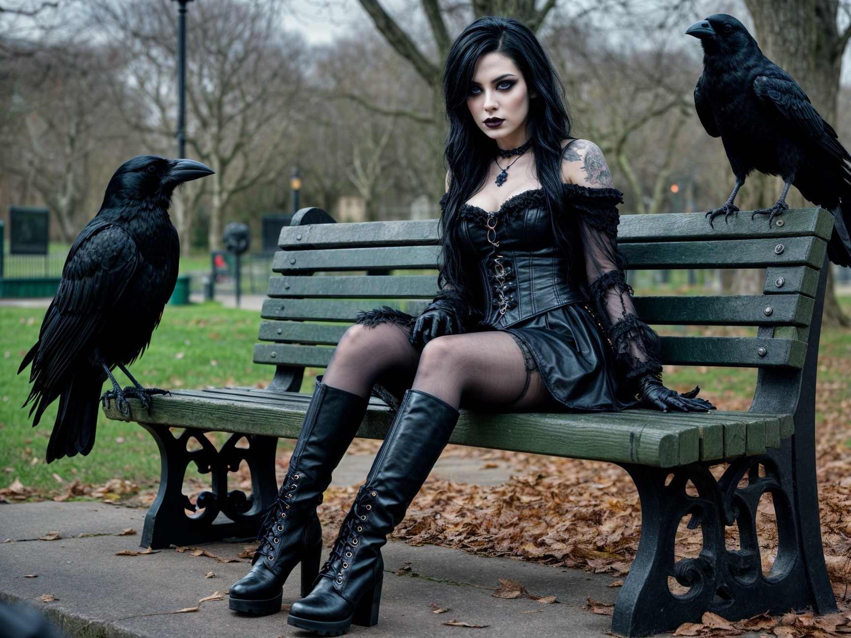 Gothic Woman in Dark Attire Surrounded by Autumn Leaves