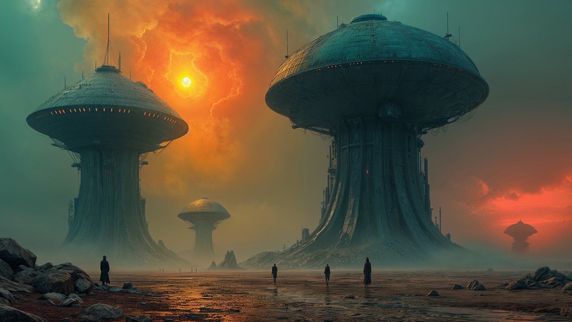 Surreal Landscape with Towering Structures and Fiery Sky