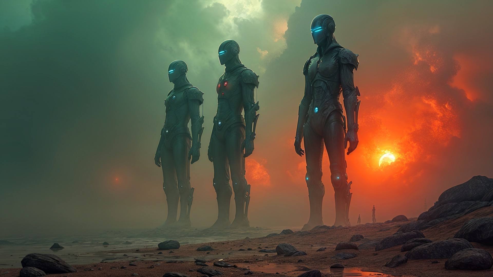 Futuristic Humanoid Figures in Barren Landscape