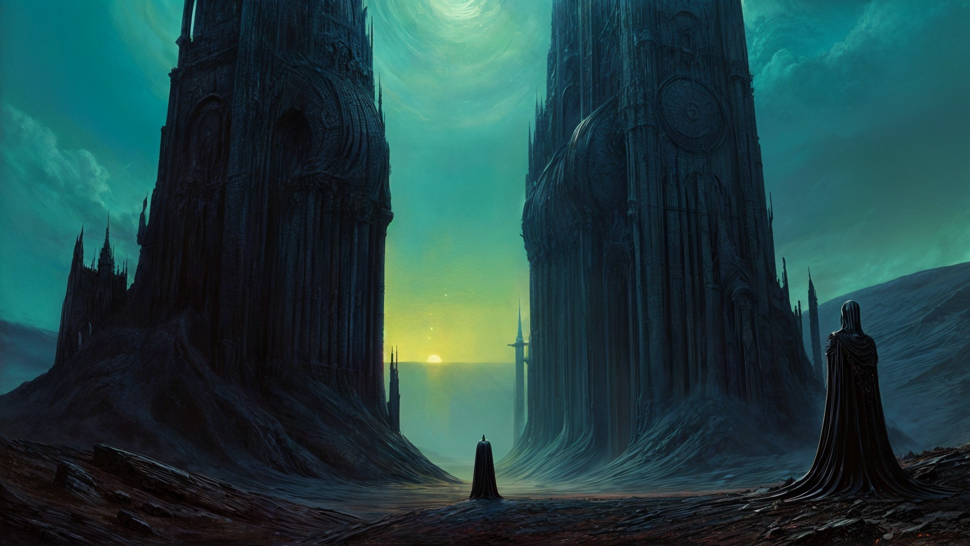 Gothic Landscape with Cloaked Figure at Sunset