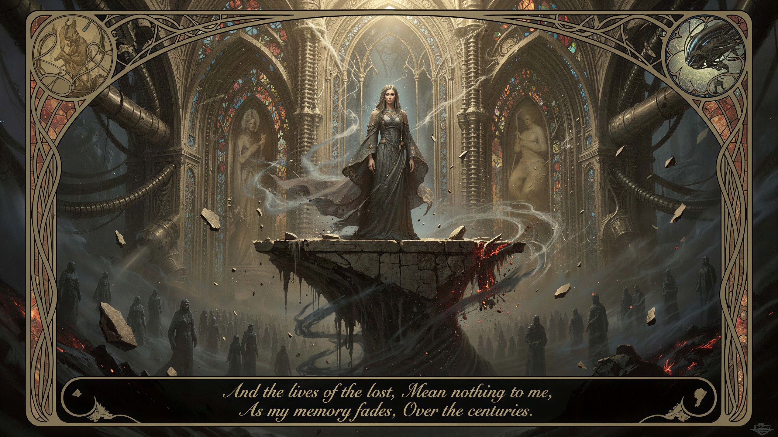 Gothic Scene with Woman in Black Dress and Mist